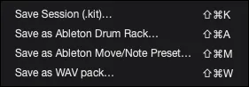 AutoSamplr Export menu with session, Ableton Drum Rack, Move or Note, and WAV export actions.