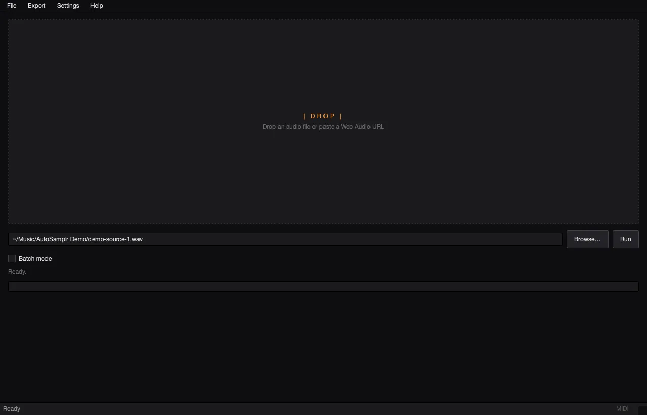 AutoSamplr import screen with drop zone, URL field, and Run button.