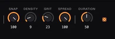 AutoSamplr macro controls for snap, density, grit, spread, and duration.