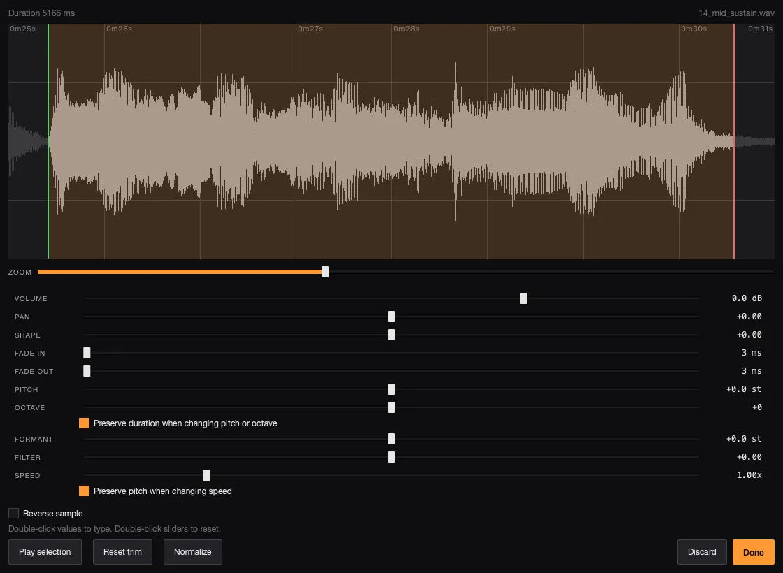 AutoSamplr waveform editor with trim handles and pad controls.